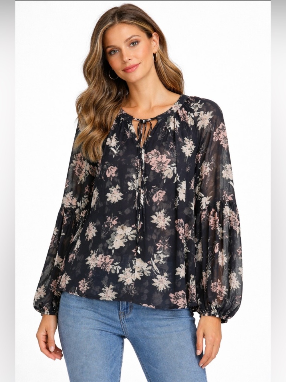 Ophelia Roe Blouse Womens Large Black‎ Pink Floral Sheer Long Sleeve Tunic Top